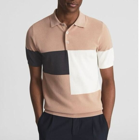 Reiss Primo Press Stud Polo Shirt Colorblock Short Sleeve Pink White Size XXL - Picture 1 of 14